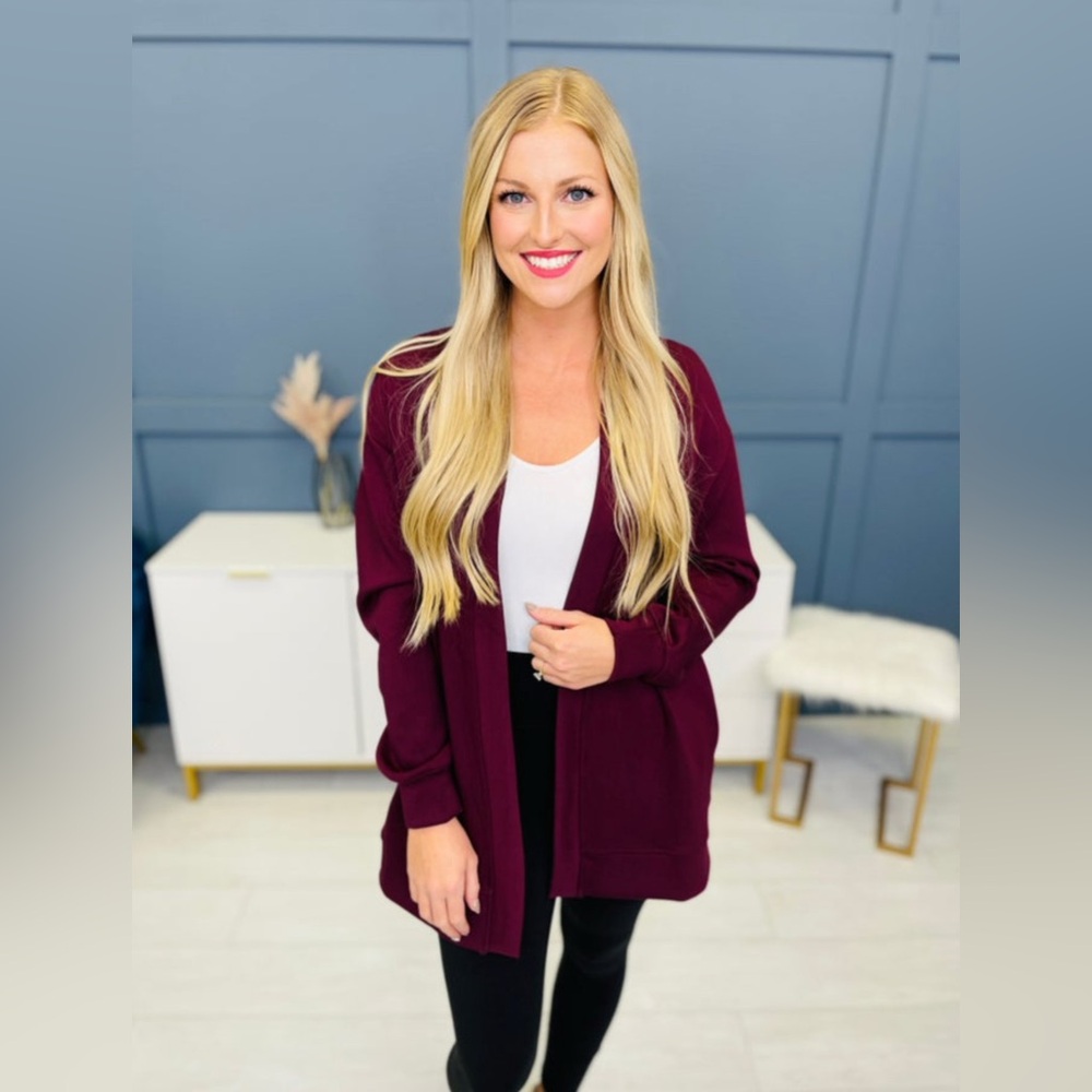 🆕 MOCO Boutique Scuba Knit Modal Cardigan Burgundy Soft Girl Cozy Comfy Weekend